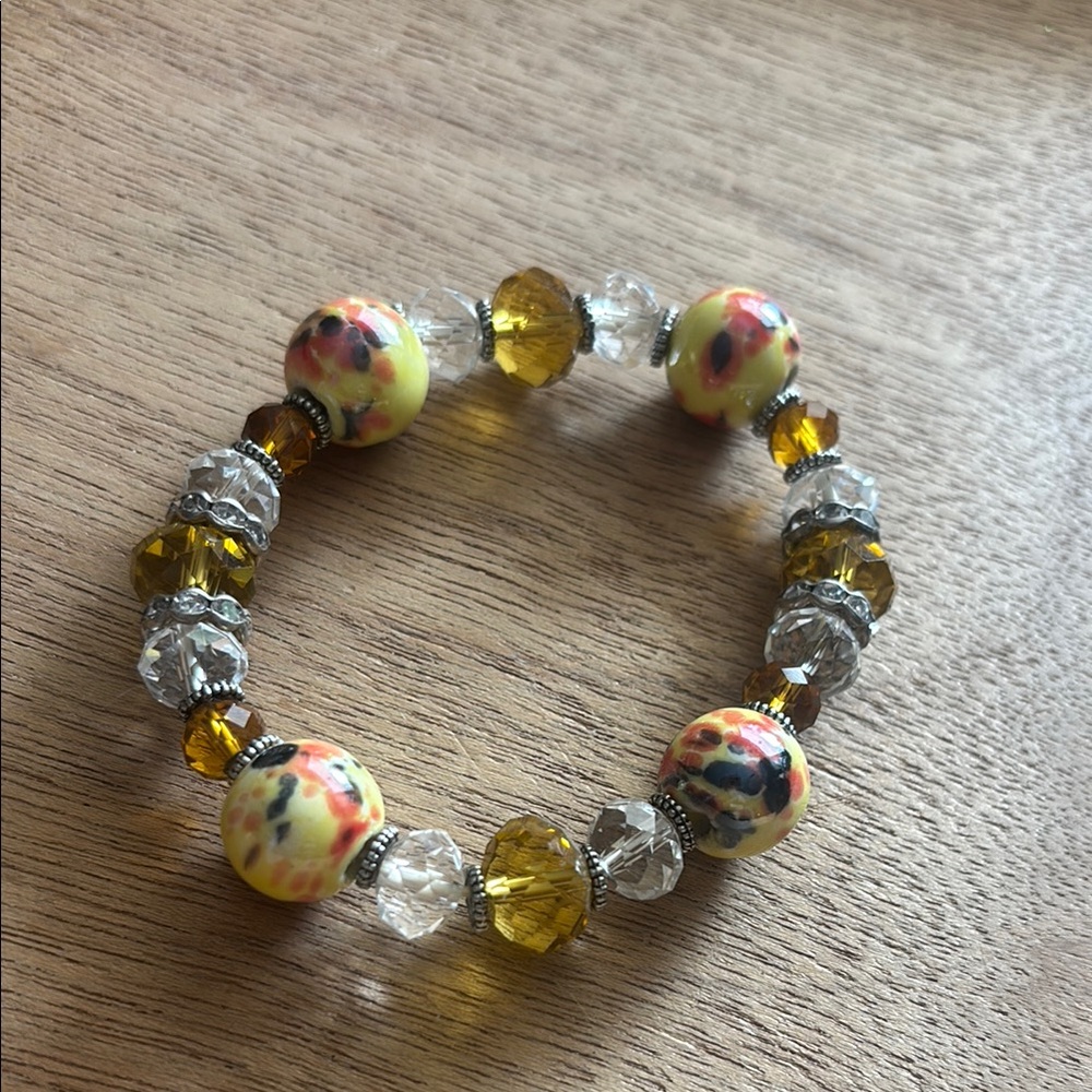 Yellow and Gold Crystal and painted Beaded  Stretch Bracelet